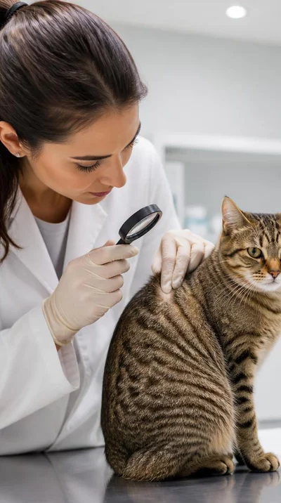 Veterinarian examining a cat's skin closely