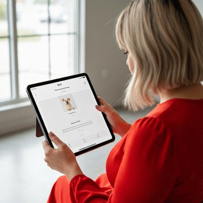 Person using a tablet to book a pet grooming appointment online