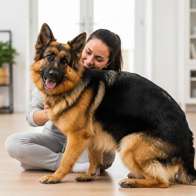 Owner happily interacting with a freshly groomed dog at home, bright and clean environment, no text, no words, no typography, no labels, clean image
