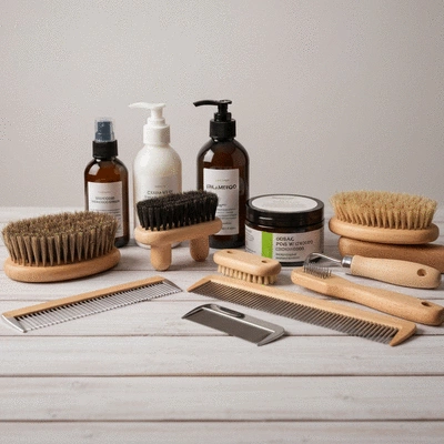 Various grooming tools like brushes, combs, and organic shampoos neatly arranged on a clean wooden surface, soft lighting