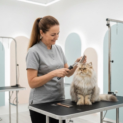 Professional groomer gently brushing a cat's fur with grooming tools in a clean, modern salon setting