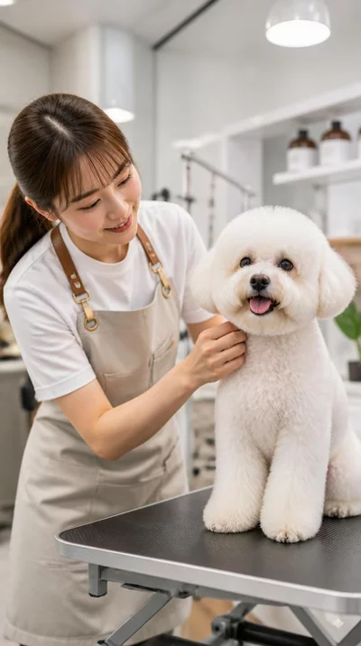 Professional dog groomer interacting gently with a happy dog