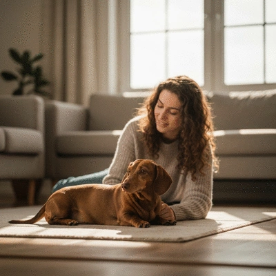 Owner gently grooming a dog at home