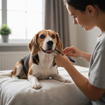 A happy dog being groomed at home, looking relaxed and comfortable as if in its familiar environment, no text, no words, no typography, 8K, natural lighting