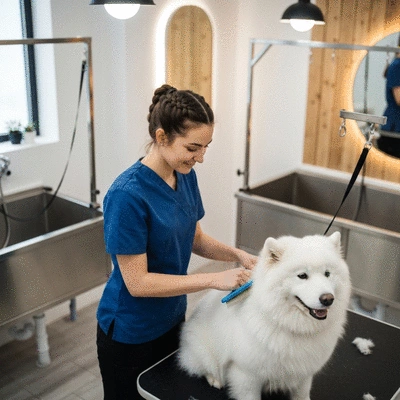Groomer gently brushing a dog's fur, bright and clean environment, focus on animal comfort