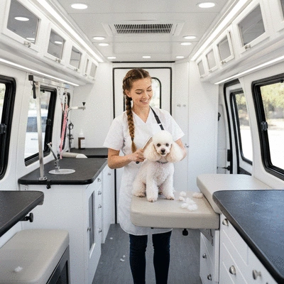 Woman grooming a small dog in a mobile grooming van, clean, professional setup, no text, no words, no typography, no labels, clean image