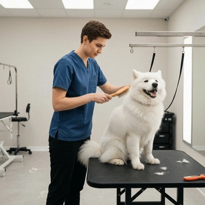 Groomer gently brushing a happy dog's coat in a clean, bright salon