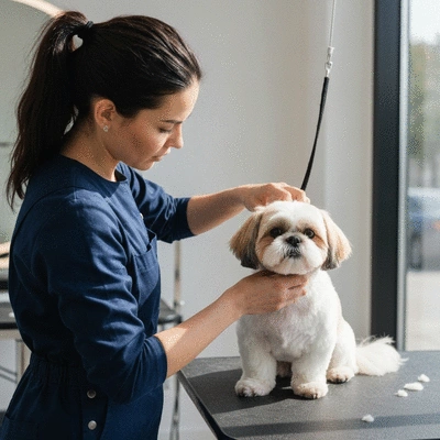 Groomer styling a dog with a 'Lion King Cut' in a professional salon, close-up, no text, no words, no typography, clean image