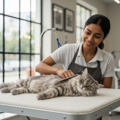 Chat détendu se faisant toiletter par un professionnel