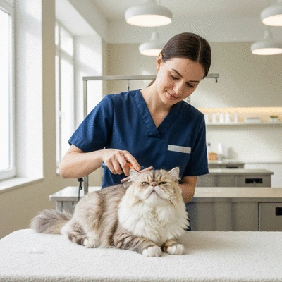 Professional cat groomer gently brushing a fluffy cat in a clean, brightly lit salon, no text, no words, no typography, no labels, clean image