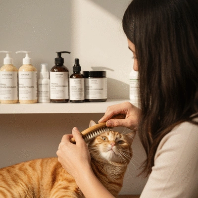 Gros plan sur un chat se faisant brosser par son propri&eacute;taire, avec des produits de toilettage &eacute;cologiques en arri&egrave;re-plan.