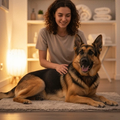 Un propriétaire caressant son chien détendu lors d'une séance de spa
