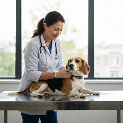 Veterinarian examining a dog, clean image