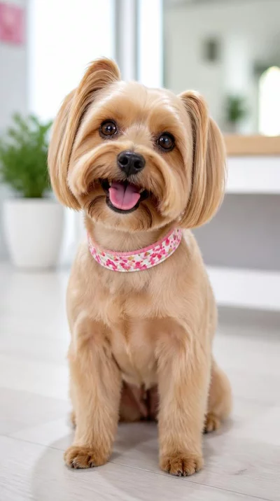 Happy dog being groomed by a professional, clean and bright setting