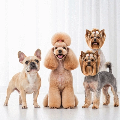 Various dog breeds, including a French Bulldog, Poodle, and Yorkshire Terrier, with stylish haircuts, in a bright, clean setting, no text, no words, no typography, clean image