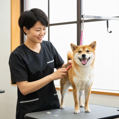 Groomer gently brushing a happy dog's coat
