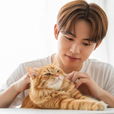 A person gently grooming a cat, showing a positive and calming interaction