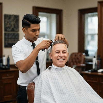 Groomer gently brushing a happy dog's coat in a professional grooming salon, clean background, natural lighting