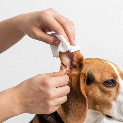 Gros plan d'une personne nettoyant d&eacute;licatement l'oreille d'un chien avec une lingette, fond clair et propre, no text, no words, no typography, 8K