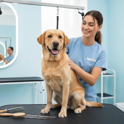 Happy dog being groomed by a professional, clean and bright salon interior