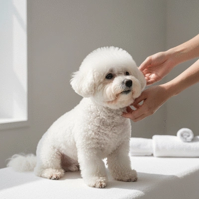 Dog enjoying a spa wellness treatment, calm and relaxed atmosphere, clean environment, no text, no words, no typography, 8K
