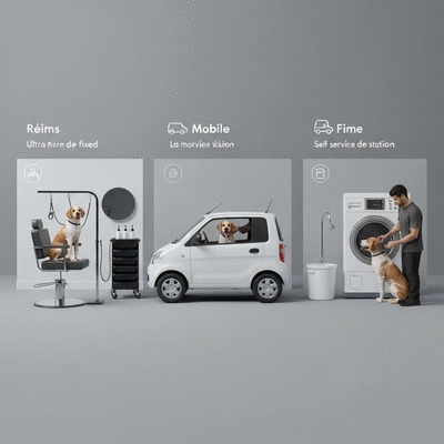Comparison graphic showing different dog grooming options in Reims: fixed salon, mobile service, self-service
