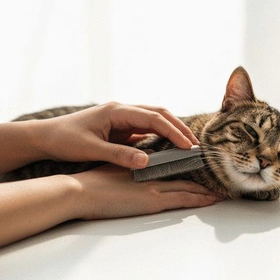 A cat being gently brushed by a person's hand, showing care and comfort