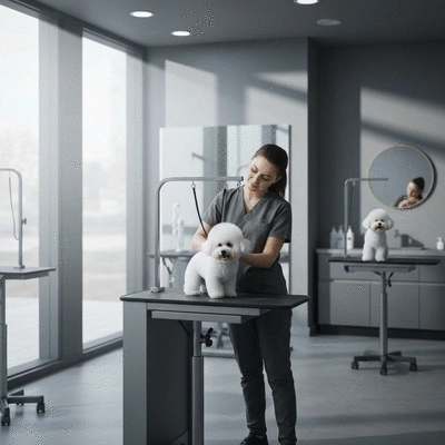 Pet salon with a dog being groomed by a professional