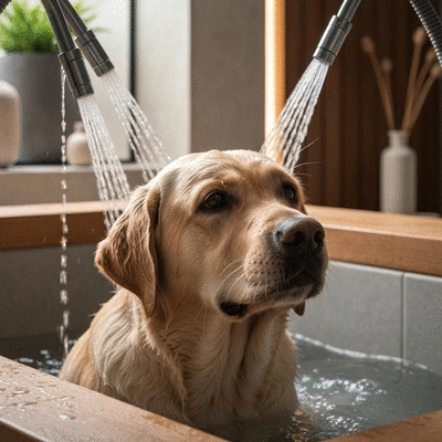 Happy dog being gently massaged in a spa setting