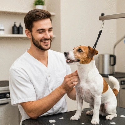 Professional groomer happily interacting with a freshly groomed dog, showing client satisfaction