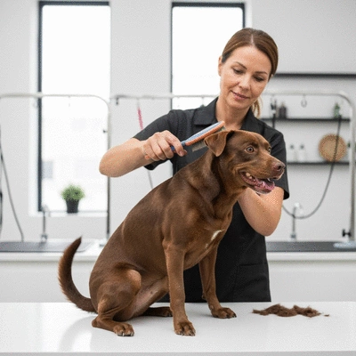 Groomer gently brushing a dog's fur, close-up on the brush and fur