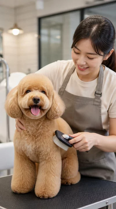Groomer gently brushing a fluffy dog in a clean salon