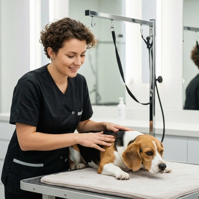 Groomer gently applying flea treatment to a dog in a clean salon setting