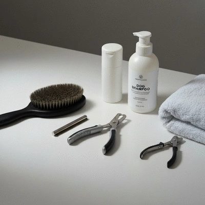 Assortment of dog grooming tools on a clean surface