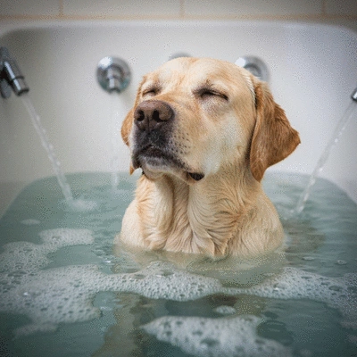 Relaxed dog enjoying a warm hydrotherapy bath