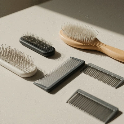 Grooming tools for cats, brushes and combs on a clean surface