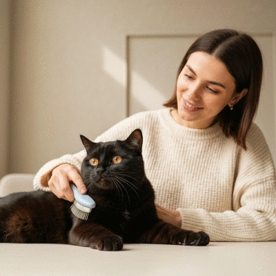Happy cat being brushed gently by owner, showing positive interaction