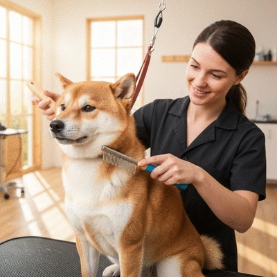 Groomer gently brushing a dog's fur