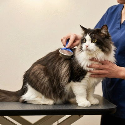 Professional cat groomer gently brushing a long-haired cat on a grooming table, healthy fur, soft lighting, no text, no words, no typography, no labels, clean image