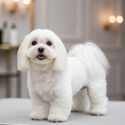 Happy dog being groomed, showing a clean and well-maintained coat, with grooming tools blurred in the background