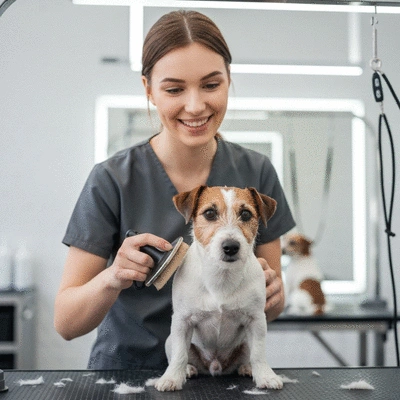 Groomer gently brushing an anxious dog