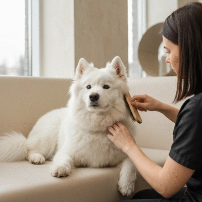 Groomer gently brushing a happy dog's fur in a professional salon environment, with natural light, no text, no words, no typography, clean image
