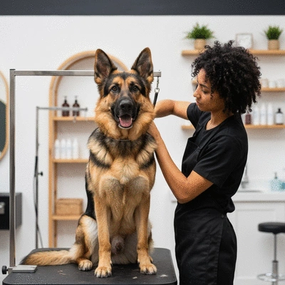 Happy dog being groomed with natural products in a professional salon