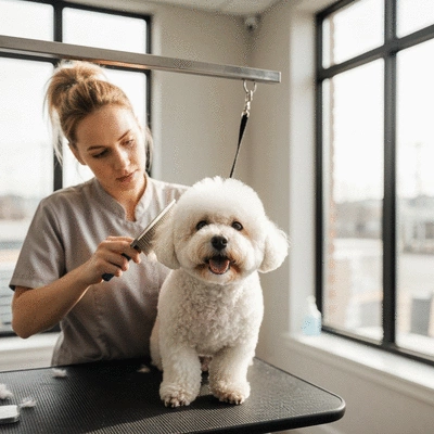 Groomer gently brushing a happy dog's fur, clean environment, natural light