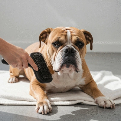 A short-haired dog, possibly a Bulldog or Boxer, being gently brushed with a rubber brush, clean grooming environment, no text, no words, no typography, clean image