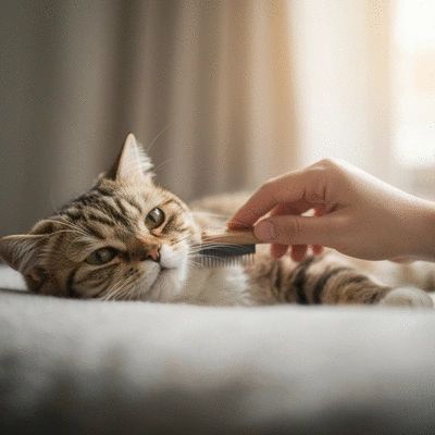 Chat d&eacute;tendu se faisant brosser d&eacute;licatement par une main humaine