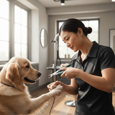 Groomer carefully trimming a dog's nails with specialized clippers