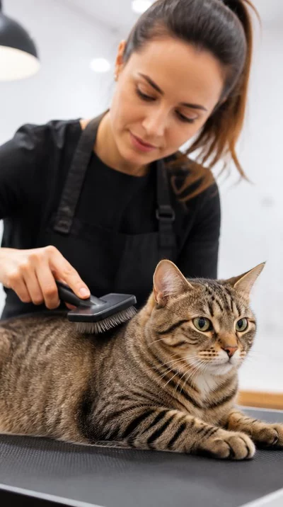 Groomer brushing a cat's fur gently