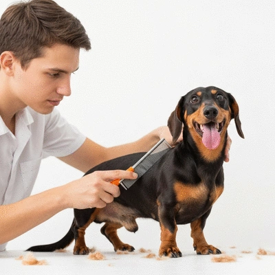Happy dog being groomed by a professional, clean image