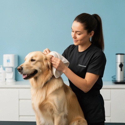 Professional dog groomer cleaning a dog's ears with a cotton swab, focus on the ear and gentle hands